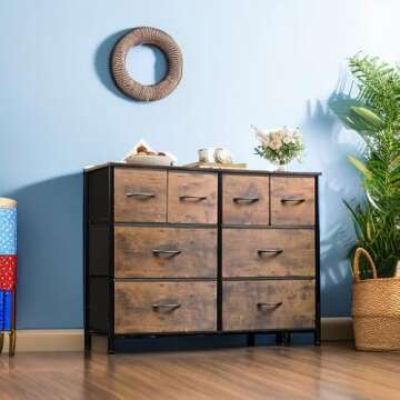 WLIVE Dresser for Bedroom with 8 Drawers, Wide Fabric Dresser for Storage and Organization, Bedroom Dresser, Chest of Drawers for Living Room, Closet, Entryway, Rustic Brown Wood Grain Print