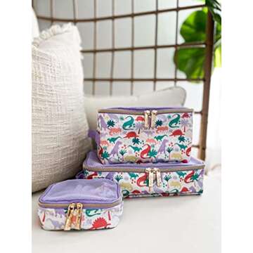 Itzy Ritzy Packing Cubes For Travel – Set of 3 Packing Cubes or Travel Organizers; Each Travel Cube Features a Mesh Top, Double Zippers and a Fabric Handle (Purple Dinosaurs)