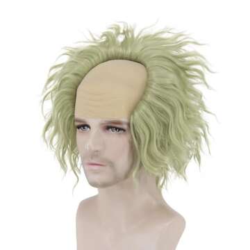 Ruina Wigs for Costume Men with Makeup Set Green Wig for Scary Halloween Costume Men Cute Wavy Short Green Wigs for Halloween Costume Cosplay R057