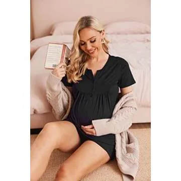 Ekouaer Women's Maternity Nursing Pajamas Shorts Set Summer Nursing Sets Soft Labor Delivery PJS(Black,Small)