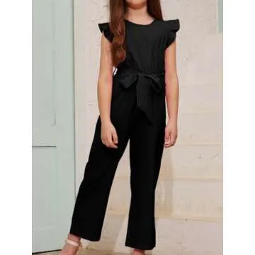 CharmWM Girls Jumpsuit Kids Fashion Cap Sleeve Belted Wide Leg Romper Dressy One Piece Outfits with Pockets