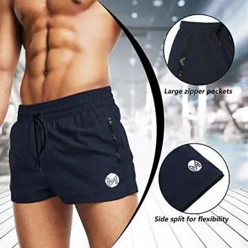 MICOZIFY Men's Gym Workout Shorts, 3" Bodybuilding Running Shorts, 3 inch Athletic Gym Shorts with Zipper Pockets (Navy, XL)