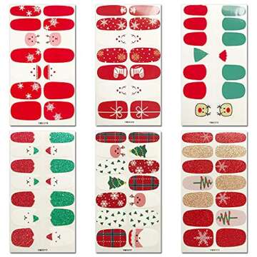 WOKOTO 6 Sheets Christmas Adhesive Nail Polish Stickers With 1Pcs Nail File Deer Snowman Nail Wraps Decal Strips Manicure Kit