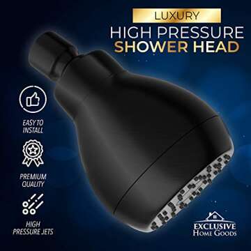 High Pressure Shower Head Matte Black - Powerful Deluxe Bathroom Showerhead with Strong Spray Stream and Small Silicone Nozzles - Universal Fit Works with High and Low Water Flow Showers-2.5 GPM