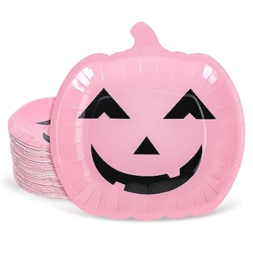 Whaline 40Pcs Halloween Paper Plates Pink Pumpkin Shaped Disposable Plates Cute Grimace Pumpkin Patt...