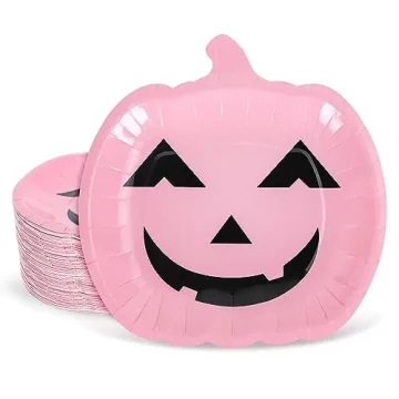 Whaline 40Pcs Halloween Paper Plates Pink Pumpkin Shaped Disposable Plates Cute Grimace Pumpkin Patt...
