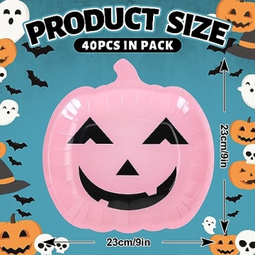 Whaline 40Pcs Halloween Paper Plates Pink Pumpkin Shaped Disposable Plates Cute Grimace Pumpkin Pattern Decorative Plates for Halloween Holiday Birthday Party Baby Shower Dinner Tableware Supplies