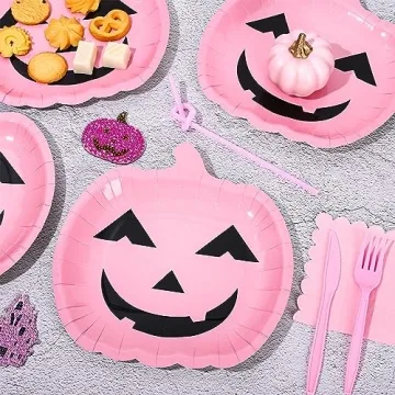 Whaline 40Pcs Halloween Paper Plates Pink Pumpkin Shaped Disposable Plates Cute Grimace Pumpkin Pattern Decorative Plates for Halloween Holiday Birthday Party Baby Shower Dinner Tableware Supplies