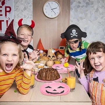 Whaline 40Pcs Halloween Paper Plates Pink Pumpkin Shaped Disposable Plates Cute Grimace Pumpkin Pattern Decorative Plates for Halloween Holiday Birthday Party Baby Shower Dinner Tableware Supplies