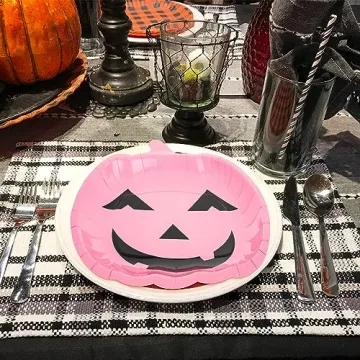 Whaline 40Pcs Halloween Paper Plates Pink Pumpkin Shaped Disposable Plates Cute Grimace Pumpkin Pattern Decorative Plates for Halloween Holiday Birthday Party Baby Shower Dinner Tableware Supplies