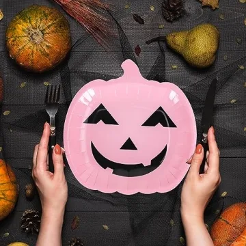 Whaline 40Pcs Halloween Paper Plates Pink Pumpkin Shaped Disposable Plates Cute Grimace Pumpkin Pattern Decorative Plates for Halloween Holiday Birthday Party Baby Shower Dinner Tableware Supplies