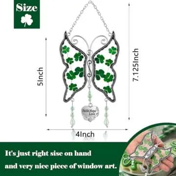 KY&BOSAM Shamrock Butterfly Suncatcher Faith Hope Love Irish Stained Glass for Windows Suncatchers Hangings Ornament Wind Chime with Real Flower as Gifts for Mom Mothers Day St Patrick's Day Décor