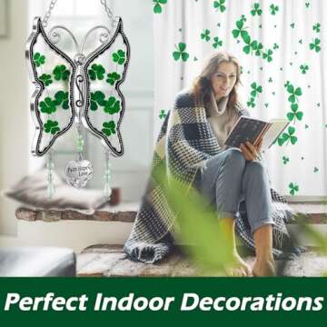 KY&BOSAM Shamrock Butterfly Suncatcher Faith Hope Love Irish Stained Glass for Windows Suncatchers Hangings Ornament Wind Chime with Real Flower as Gifts for Mom Mothers Day St Patrick's Day Décor