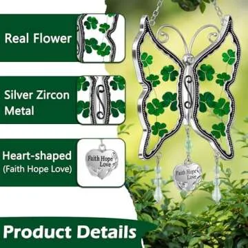 KY&BOSAM Shamrock Butterfly Suncatcher Faith Hope Love Irish Stained Glass for Windows Suncatchers Hangings Ornament Wind Chime with Real Flower as Gifts for Mom Mothers Day St Patrick's Day Décor