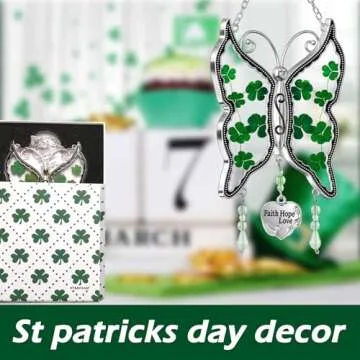 KY&BOSAM Shamrock Butterfly Suncatcher Faith Hope Love Irish Stained Glass for Windows Suncatchers Hangings Ornament Wind Chime with Real Flower as Gifts for Mom Mothers Day St Patrick's Day Décor