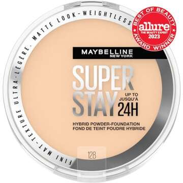 Maybelline Super Stay Up to 24HR Hybrid Powder-Foundation, Medium-to-Full Coverage Makeup, Matte Finish, 128, 1 Count