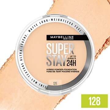 Maybelline Super Stay Up to 24HR Hybrid Powder-Foundation, Medium-to-Full Coverage Makeup, Matte Finish, 128, 1 Count