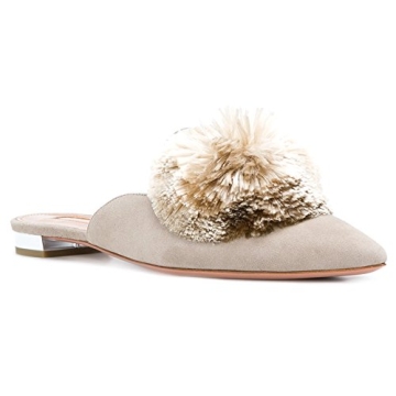 Divanne Mules for Women, Puff Pompom-Embellished Slip On Loafers Backless Pointed Toe Satin Mule Slides-Apricot-6M US