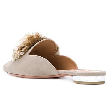 Divanne Mules for Women, Puff Pompom-Embellished Slip On Loafers Backless Pointed Toe Satin Mule Slides-Apricot-6M US