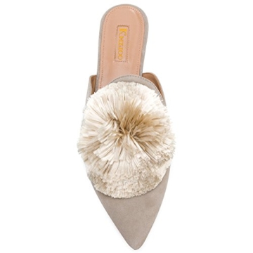 Divanne Mules for Women, Puff Pompom-Embellished Slip On Loafers Backless Pointed Toe Satin Mule Slides-Apricot-6M US