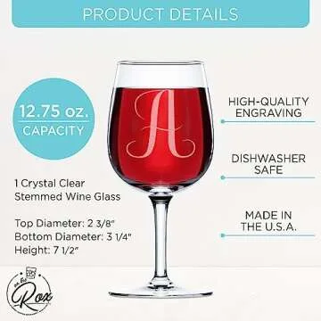 Monogrammed A-Z Wine Gifts for Women - 12.75 oz Engraved Personalized Wine Glass- Funny Wine Lover M...