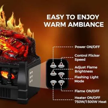 21 Inches Electric Fireplace Insert Log Heater Set, Freestanding Heater with Adjustable Flame Brightness and Flicker Speed, 750w/1500w Heating, Overheat Protection, Remote Control
