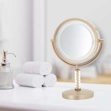JERDON LED Lighted Tabletop Gold Finish Makeup Mirror – 6X-1X Magnification – 8” Diameter Vani...