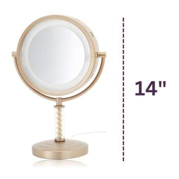JERDON LED Lighted Tabletop Gold Finish Makeup Mirror – 6X-1X Magnification – 8” Diameter Vanity Mirror - Power Cord and Plug – Model HL856BC