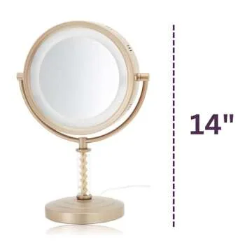 JERDON LED Lighted Tabletop Gold Finish Makeup Mirror – 6X-1X Magnification – 8” Diameter Vanity Mirror - Power Cord and Plug – Model HL856BC