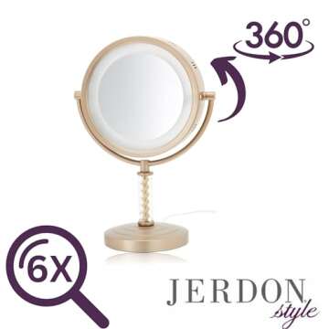 JERDON LED Lighted Tabletop Gold Finish Makeup Mirror – 6X-1X Magnification – 8” Diameter Vanity Mirror - Power Cord and Plug – Model HL856BC