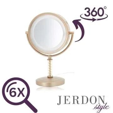 JERDON LED Lighted Tabletop Gold Finish Makeup Mirror – 6X-1X Magnification – 8” Diameter Vanity Mirror - Power Cord and Plug – Model HL856BC