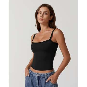 QINSEN Womens Square Neck Lace Trim Tank Top Double Lined Slim Fitted Y2k Going Out Camisole Shirts