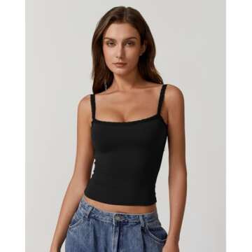 QINSEN Womens Square Neck Lace Trim Tank Top Double Lined Slim Fitted Y2k Going Out Camisole Shirts