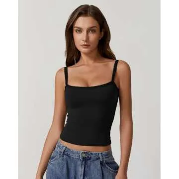 QINSEN Womens Square Neck Lace Trim Tank Top Double Lined Slim Fitted Y2k Going Out Camisole Shirts