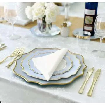 " OCCASIONS " 50 Plates Pack (25 Guests)-Heavyweight Wedding Party Disposable Plastic Plate Set -(25x10.5'' Dinner + 25x8'' Salad/dessert (Imperial in White/Blue & Gold)