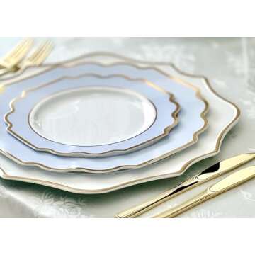 " OCCASIONS " 50 Plates Pack (25 Guests)-Heavyweight Wedding Party Disposable Plastic Plate Set -(25x10.5'' Dinner + 25x8'' Salad/dessert (Imperial in White/Blue & Gold)