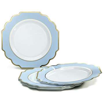 " OCCASIONS " 50 Plates Pack (25 Guests)-Heavyweight Wedding Party Disposable Plastic Plate Set -(25x10.5'' Dinner + 25x8'' Salad/dessert (Imperial in White/Blue & Gold)