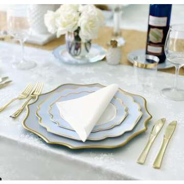 " OCCASIONS " 50 Plates Pack (25 Guests)-Heavyweight Wedding Party Disposable Plastic Plate Set -(25x10.5'' Dinner + 25x8'' Salad/dessert (Imperial in White/Blue & Gold)