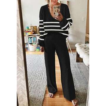 Viottiset Women's 2 Piece Outfits Lounge Set V Neck Stripe Sweater Wide Leg Pants Sets Sweatsuit Black And White M