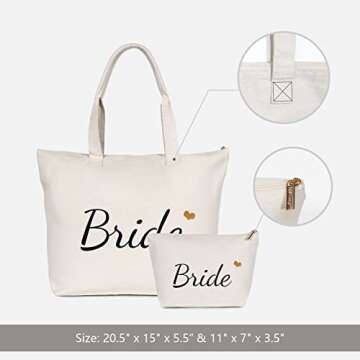 TOPDesign Canvas Tote Bag with Zipper, Bridal Shower Gifts for Bride, Wedding Bachelorette Bride Gifts Shoulder Bag