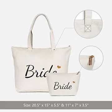 TOPDesign Canvas Tote Bag with Zipper, Bridal Shower Gifts for Bride, Wedding Bachelorette Bride Gifts Shoulder Bag