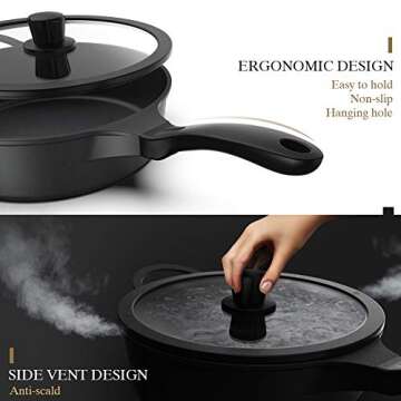 PRANZOELITE 11 inch Nonstick Deep Fry Saute Pan with Lid - 4.5-QT Jumbo Cooker Skillet Pan Cast Aluminum - Induction Compatible PFOA Free, Dishwasher Free, Design in Italy