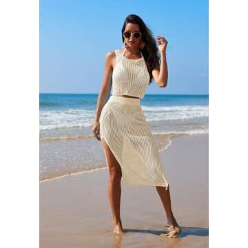 Pink Queen Crochet Cover Ups for Women HollowOut Sleeveless Bikini Swimsuit Swimwear Side Split Long Beach Ivory M