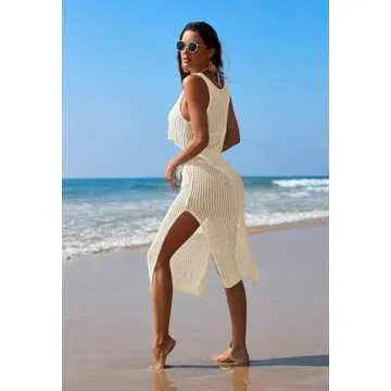 Pink Queen Crochet Cover Ups for Women HollowOut Sleeveless Bikini Swimsuit Swimwear Side Split Long Beach Ivory M