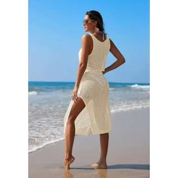 Pink Queen Crochet Cover Ups for Women HollowOut Sleeveless Bikini Swimsuit Swimwear Side Split Long Beach Ivory M