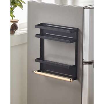 KC FELL Magnetic Fridge Organizer, Towel Holder, Kitchen Rack, Rustproof Spice Jars Rack, with 2 Removable Mobile Hooks (Black)