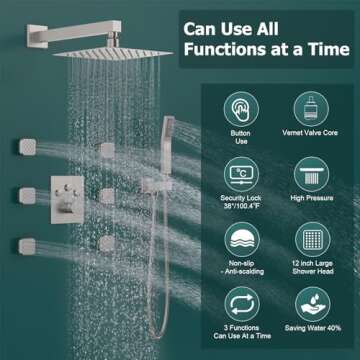 Bostingner Full Body Shower System,12 Inch Rain Showerhead with Handheld and 6 Jets Spray,Multiple Functions Simultaneous Use, Shower Faucet Set with Thermostatic Valve Body & Trim Kit, Brushed Nickel