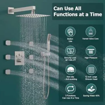 Bostingner Full Body Shower System,12 Inch Rain Showerhead with Handheld and 6 Jets Spray,Multiple Functions Simultaneous Use, Shower Faucet Set with Thermostatic Valve Body & Trim Kit, Brushed Nickel