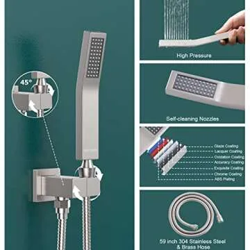 Bostingner Full Body Shower System,12 Inch Rain Showerhead with Handheld and 6 Jets Spray,Multiple Functions Simultaneous Use, Shower Faucet Set with Thermostatic Valve Body & Trim Kit, Brushed Nickel
