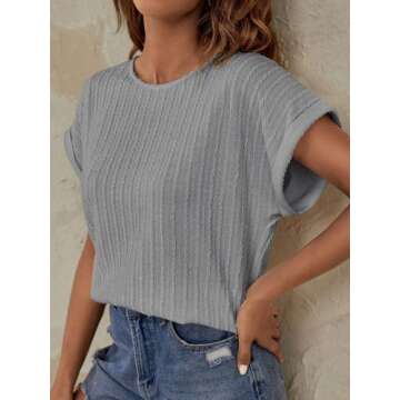 Afkwek Womens Summer Tops Crochet Cap Short Sleeve Shirts for Women Casual Loose Texture Round Neck ...